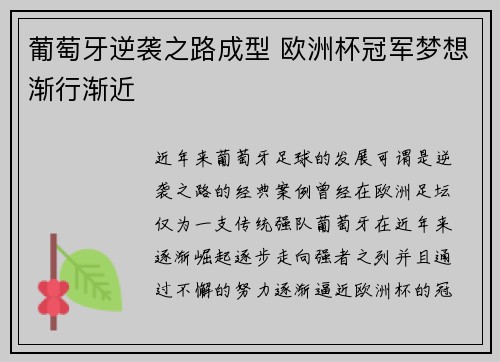 葡萄牙逆袭之路成型 欧洲杯冠军梦想渐行渐近