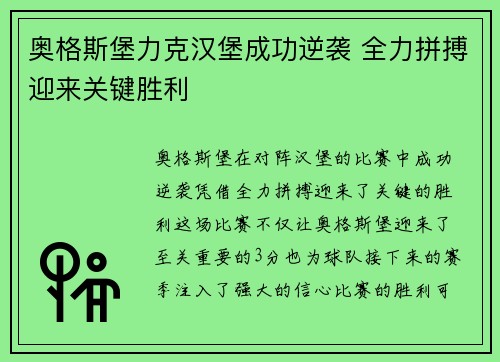 奥格斯堡力克汉堡成功逆袭 全力拼搏迎来关键胜利